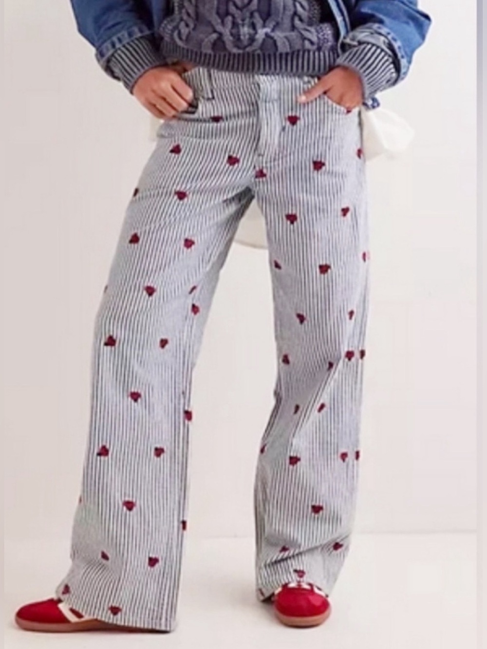 We The Free Free People Bugged out Striped Wide-Leg Jeans with Lady Bug details - Picture 2 of 12
